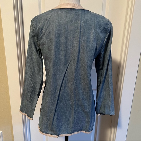 J Crew Chambray Blue Denim Tunic V-neck w/ soutache trim - Picture 3 of 5